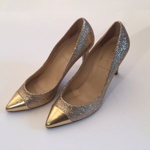 J.CREW EVERLY CAP TOE GLITTER PUMPS 6 GOLD HEELS